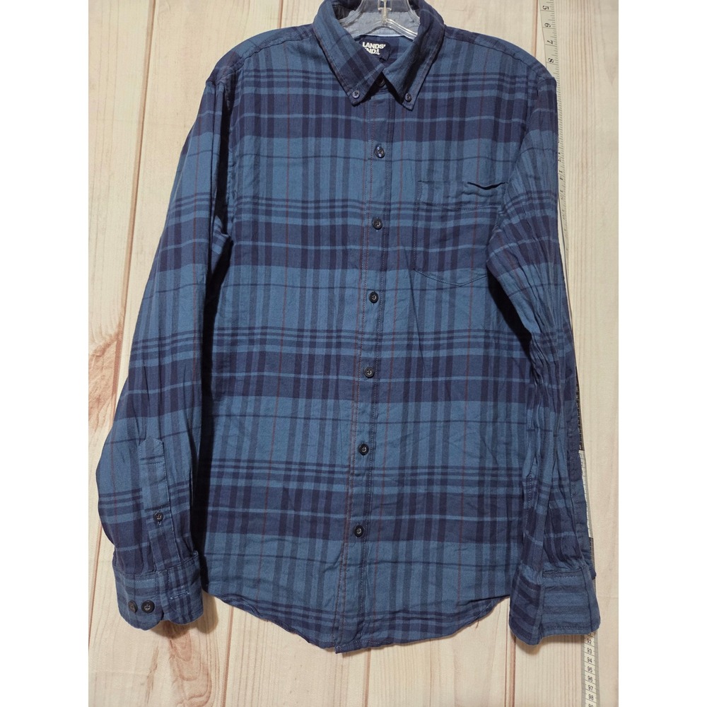 Lands' End Mens Large Plaid Button-Up Shirt Blue, Navy Blue, Flannel